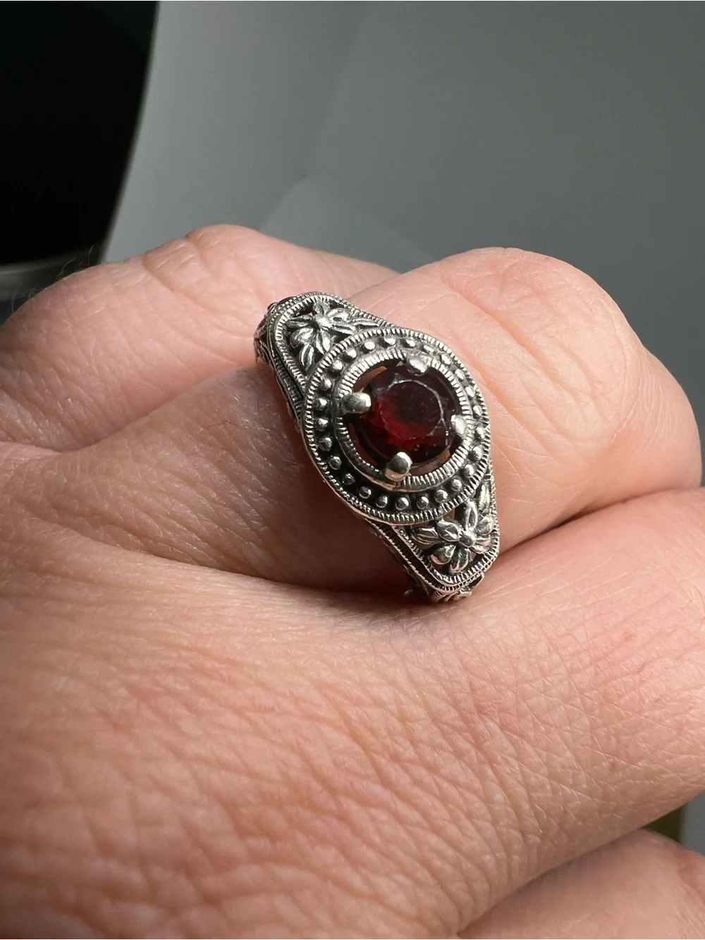 Vintage-Inspired Sterling Ring with Deep Red Garnet Gemstone
